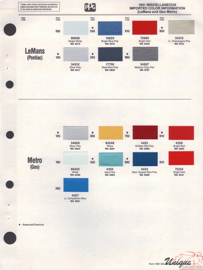 1991 GM GEO Paint Charts PPG 1